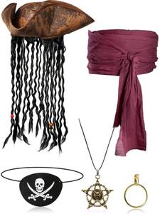 lot 11751 image: Sintege 5 Pieces Pirate Costume Set, Pirate Hat with Dreadlock Earrings Skull Necklace Eye Patch Sash for Men Women(Burgundy)