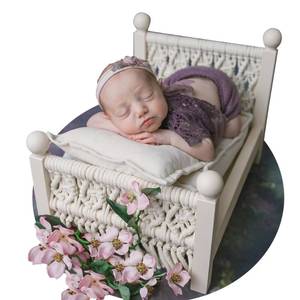 lot 11760 image: M&G House Newborn Photography Props Bed Woven Wooden Baby Photo Props Classic Retro Photoshoot Bohemian Macrame White Wood Bed Photo Studio Gift