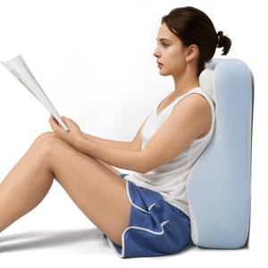 lot 11766 image: Ergonomic S Curve Reading Pillow for Sitting in Bed Adult- Back Pillow for Bed Sitting up with Adjustable Headrest- Memory Foam White, Blue