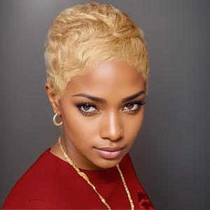lot 12195 image: Amecire Brazilian Human Hair Pixie Cut Wig for Women Honey Blonde 180% Density Straight Short Wig with Bangs Non Lace Front Rose Net Cap for Party Cosplay Daily Use