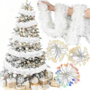 lot 12213 image: LKBBC Christmas Tinsel Garland with Light, 50 FT Metallic Tinsel Twist Garland Shiny Hanging Decor for Home Window Fireplace Indoor Outdoor, Xmas Ornaments Christmas Tree Decoration,White
