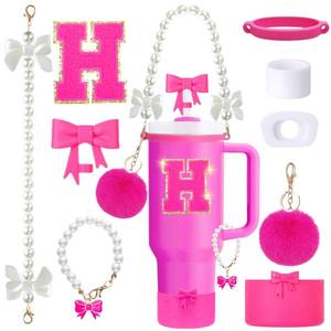 lot 12215 image: 9PCS Pink Stanley Cup Accessories Set for 30oz 40oz Tumbler with Handle, Includes Pearl Strap, Bow Straw Toppers& Boot, Decorations Charms, Letter Sticker, Spill Proof Stoppers(Pink H)