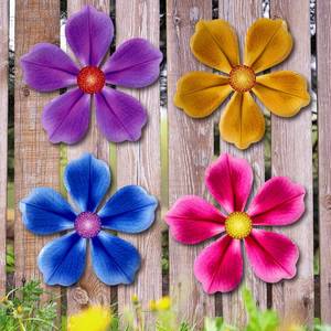lot 14310 image: Giyyomtr Flowers Outdoor Wall Decor - 4 Pack 6.2 Metal Flower Wall Art Hanging Decorations for Outdoor Fence Garden Yard Patio Exterior Decor
