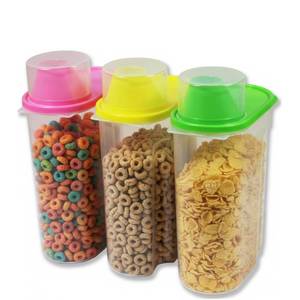 lot 14326 image: Basicwise 2.5 Liters Set of 3 Large Airtight Food Storage Containers with Pouring Spout and Measuring Cup Lid for Flour Sugar Cereal Rice Pantry Staples & Baking Ingredients in Green Pink and Yellow