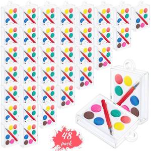 lot 14339 image: 48 Pack Mini Watercolor Paint Sets, 6 Color Washable Paint Palette Bulk Kit with Brushes for Valentine Art Party Favors School Prizes Educational Supplies Stocking Stuffers