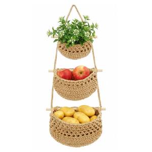 lot 14346 image: MaagorVita Hanging Fruit Basket, 3 Tier Cotton Woven Wall Basket, Detachable Wall Hanging Baskets for Kitchen Bathroom Storage, Plants Holder, Vegetable Onion Organizing, Boho Decor Aesthetic