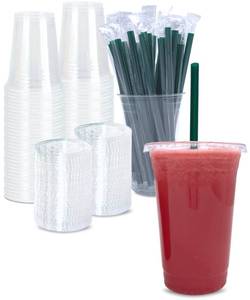 lot 14349 image: 20 oz Clear Plastic Cups with Lids and STRAWS, Disposable Drinking Cups for Cold Drinks, Iced Coffee, Milkshakes, Smoothies, 25 Sets