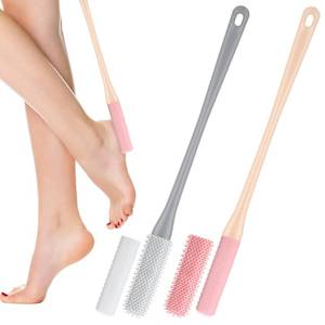 lot 14365 image: 2 Pack Toe Cleaning Brush, 15.7 Shower Foot Scrubber, Long Handle Silicone Bristles Lotion Applicator, Two Sizes Heads, for Elderly, Men and Women