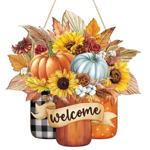 lot 14373 image: Fall Decoration Welcome Wreaths for Front Door, Wooden Hello Fall Pumpkin Thanksgiving Door Sign Ornament, Wood Mason Jars Maple Leaf Flower Farmhouse Hanging for Autumn Harvest Porch Home Decor