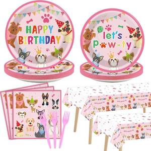 lot 14397 image: 98pcs Dog Birthday Party Decorations Puppy Tableware Set Plates Napkins Pink Dog Theme Tablecloth for Girl Birthday Lets Pawty Party Supplies Kit Pet Dogs Table Cover Dinnerware Paw Print Theme Favors