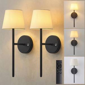 lot 15331 image: NEWSEE Battery Operated Wall Sconce Set of 2, Small LED Rechargeable Wall Lights with Remote, 5200mAh Dimmable Fabric Shade Cordless Wall Lamp for Bedside, Bedroom, Hallway, Living Room, Gifts (Black)