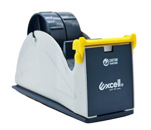 lot 16030 image: WOD TTD2SD Tabletop Twin-Roll Steel Desktop Tape Dispenser, Blue & Gray - Fits Tape up to 2 inch Wide, Holds 3 inch core, Weighted Rubber Base for Stability yellow plastic at front it cracked