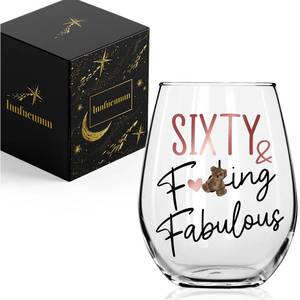 lot 16032 image: Innfueunun Sixty Birthday Wine Glass Gifts for Women,60 Fabulous Happy 60th Birthday Gift, Funny Ideas for Sister Bestie Grandma Mom Wife,Husband Friend, Sixty & Fabulous Wine Glass 15oz