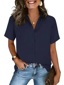 lot 16050 image: Zeagoo Button Up Shirts Women Collared Shirts Short Sleeve Tops Ladies Plus Size Dressy Blouses Blue Business Outfits XXL