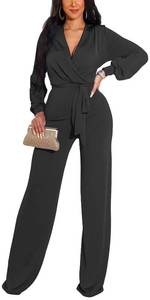 lot 16116 image: shengfan Black Formal Dressy Jumpsuits for Women Evening Sexy Deep V Neck Plus Size Long Wide Leg Pants Rompers Clubwear M