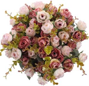 lot 16120 image: Duovlo 7 Branch 21 Mini Rose Heads Artificial Flowers Bouquet Wedding Home Office Decor,Pack of 4 (Pink)