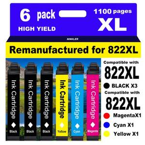 lot 16127 image: NINKLER for 822XL Remanufactured for Epson 822XL Ink Cartridges for 822 XL T822 Workforce Pro WF-3820 WF-3823 WF-4820 WF-4830 WF-4833 WF-4834 Printer 6 Pack 3 Black 1 Cyan 1 Magenta 1 Yellow