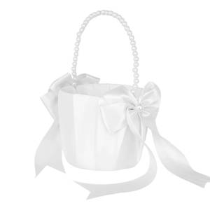 lot 16130 image: LVYKING Wedding Flower Basket, 1 Piece, Pearl Handle Bow Satin Flower Basket, 5.9 Inches x 5.9 Inches x 5.9 Inches, White