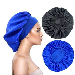 lot 16132 image: 2PCS Large Satin Silk Hair Bonnet for Sleeping,Elastic Wide Band Bonnets for Black Women Braids,Silk Hair Wrap Night Sleep Caps for Women Curly and Natural Hair (Black,Blue)