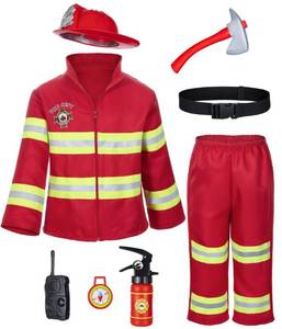 lot 16149 image: Bosvin Kids Fireman Firefighter Costume Toys with Complete Accessories for Boys and Girls Birthday Halloween Party Dress Up Red 4T 5T hat is cracked