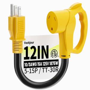 lot 16151 image: 30 Amp to 110 Rv Adapter 3 Prong 12 Inch, NEMA 5-15P Male to NEMA TT-30R Female, Heavy Duty RV Electrical Adapter Cord for Camper, STW 10AWG 15A 125V 1875W, Yellow, ETL Listed
