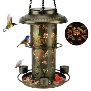 lot 17536 image: Solar Bird Feeders for Outside Wild Bird Feeders with 3 Water Cups and Food Tray, Metal Bird Feeders for Outdoor Hanging in The Trees&Hooks, Solar Lantern Decorations for Garden, Patio(Green)