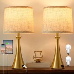 lot 17541 image: Hikczc Touch Lamp for Living Room Bedroom, 21 Table Lamps Set of 2 with USB CA Ports, Touch Bedside Lamps for Nightstand with 3 Way Dimmable, 2 LED Bulbs Included, Gold