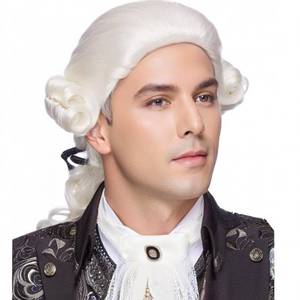 lot 18361 image: Cariniss Colonial Wig for Men - 18th Century Gentleman Curly Ponytail Wig, Ideal for Halloween, Cosplay, Historical Costumes, and Theater Performances (White)