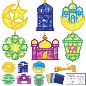 lot 18365 image: Feifeiya 24 Set Ramadan Crafts - DIY Ramadan Suncatcher Tissue Paper Craft Kit Eid Mubarak Crafts Bulk for Eid Al-fitr Activities Ornaments Hanging Decorations Party Gifts Favors Supplies
