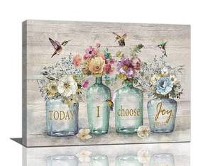 lot 18368 image: Shuweienphant Farmhouse Bathroom Wall Art Flower Hummingbird Floral Pictures Decor Inspirational Quotes Mason Jar Canvas Painting Print Artwork Modern Home Framed for Living room Bedroom 12X16