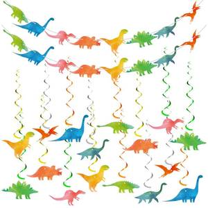 lot 18374 image: 34 Pcs Watercolor Dinosaur Banner and Hanging Swirls Party Decorations Set Dinosaur Birthday Decor Dino Birthday Streamers for Kids Jungle Party Supplies