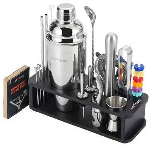 lot 18392 image: HMYBAR� 22-pc Cocktail Shaker Set(24oz700ml)  Mixology Bartender Kit  Bar Tool Set  Martini Making Set with 39-Recipe Cocktail Cards & Kits Deco, Bamboo Stand Black Color, Silver Tools