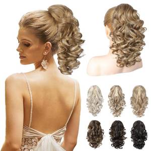 lot 18396 image: REECHO 12 Ponytail Extension, Classic Loose Curly Wavy Claw Clip Pony tails Hair Extensions Hairpieces for Women - Dark Blonde with Highlights
