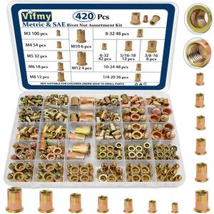lot 18407 image: Vifmy Metric & SAE Rivet Nut Assortment Kit(420 Pcs),m3 m4 m5 m6 m8 m10 m12#6-32#8-32#10-24 14-20 516-18 38-16 UNC Flat Head Rivnut Set,Zinc Plated Finish Carbon Steel Nutsert