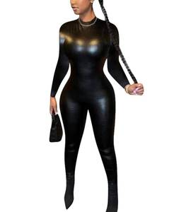 lot 18447 image: ksotutm Long Sleeve Jumpsuit for Women Sexy Leather Bodycon One Piece Black Jumpsuit Party Club Jumpsuits