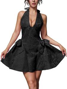 lot 18468 image: ChiaoLezhee Halter V Neck Mini Dress, Jacquard Bow A Line, Homecoming Prom, Sexy Short Dresses for Women HOCO Formal Birthday Drop Waist Pastel Corset Back, Black, X-Large