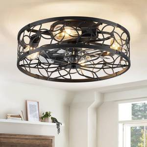 lot 19389 image: LEDIARY Caged Ceiling Fans with Lights, Black Flush Mount Ceiling Fan with Remote&App, Small Low Profile Bladeless Ceiling Fan Light Fixture for Bedroom, Kitchen, Dining Room.