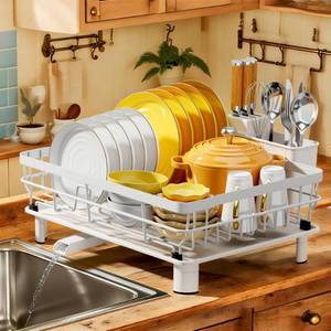 lot 19393 image: MOUKABAL Dish Drying Rack, Dish Rack, Stainless Steel Dish Racks for Kitchen Counter, Dish Drainer with Removable Utensil Holder, Drainboard (White,13W x 17L)