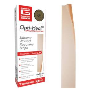 lot 20195 image: Neo G Opti-Heal Wound Recovery Silicone Scar Strips for Surgical Scars, C Section, Burn, Acne, Keloid Treatment - Medical Silicone Scar Sheets - New and Old Scar Treatment - 1.6 x 5.9 inch - 3 Strips