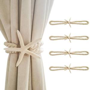 lot 20215 image: 4 Pcs Natural Starfish Curtain Tiebacks, Handmade Woven Rope Curtain-Ties Scandinavian Minimalist Style Curtain Spreader for Outdoor, Hotel, Bedroom Decoration (White Finger Starfish)