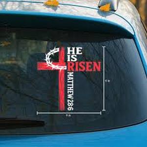 lot 10459 image: Premium He is Risen Cross Decal �� Christian Jesus Car Sticker with Bible Verse Matthew 286, Durable Weatherproof Religious Vinyl Window Decal Size 6x6 inches