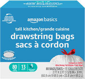 lot 11786 image: Amazon Basics Tall Kitchen Drawstring Trash Bags 13 Gallon 120 Count