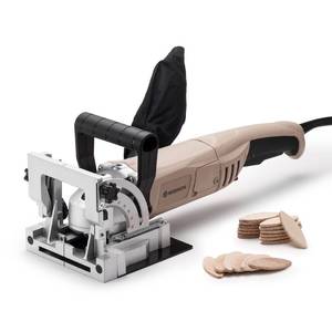 lot 1330 image: WOODSTARTER Biscuit Joiner Tool, 8.5 Amp 12,000 RPM Plate Joiner with Dust Bag and 100 Biscuits, Adjustable Angle and Depth for Wood Joinery and Furniture Making