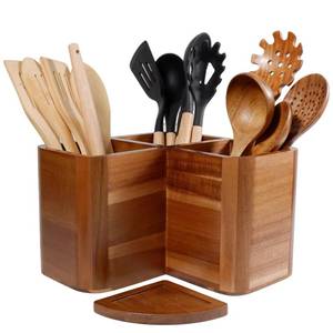 lot 1337 image: Liberal Brightdeer Large Kitchen Utensils Holder with 3 Compartments,Corner Utensil Caddy for Countertop,Acacia Wooden Utensil Organizer for Kitchen Countertop, Farmhouse Decor