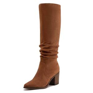 lot 1326 image: Athlefit Womens Knee High Chunky Heel Boots Faux Suede Pointed Toe Side Zipper Brown Boots Size 5.5