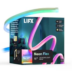 lot 1329 image: LIFX Supercolor Neon Flex Light Strip, 16ft Bendable RGBW LED Smart Neon, 60 Addressable Color Zones with Polychrome, Wi-Fi No Hub Required, Compatible with Alexa, Google, Apple HomeKit, LFXNEON16