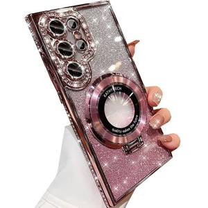 lot 4495 image: Changjia for Samsung Galaxy S25 Ultra Magnetic Kickstand Glitter Case, Compatible with Magsafe Cute Bling Sparkly Diamond Rhinestones with Camera Protector Women Girls Case for Galaxy S25 Ultra,Pink