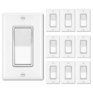 BESTTEN 10 Pack Single Pole Decorator Light Switch with Wallplate, 15A 120277V, Rocker Paddle Wall Switch, OnOff Interrupter for LED and Other Lamps