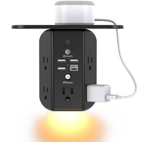 lot 9105 image: Wall Outlet Extender with Shelf and Night Light,Surge Protector,USB Wall Charger with 5 USB Outlets and 3 USB Ports 1 USB C Outlet