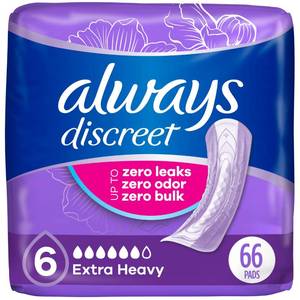 lot 9107 image: Always Discreet Adult Incontinence Pads for Women, Drier, 6 Drop Regular Length, Extra Heavy Absorbency, Pads for Bladder Control Management, Bladder Leaks, and Postpartum Pads, 66ct
